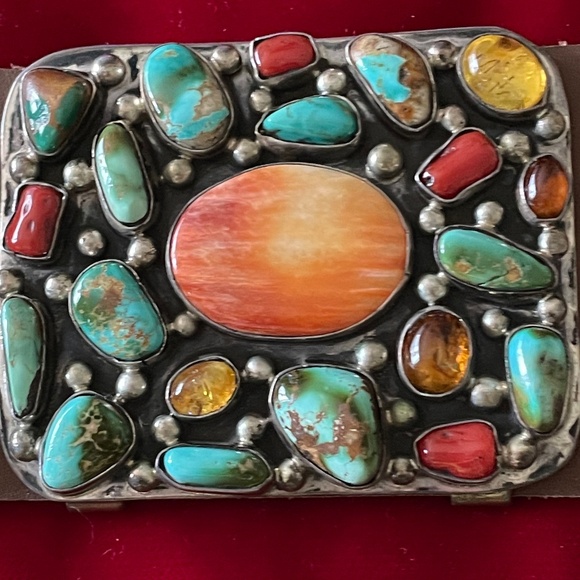 Spectacular Sterling Silver Concho Belt full of Turquoise, Coral, Amber and more - Picture 9 of 12